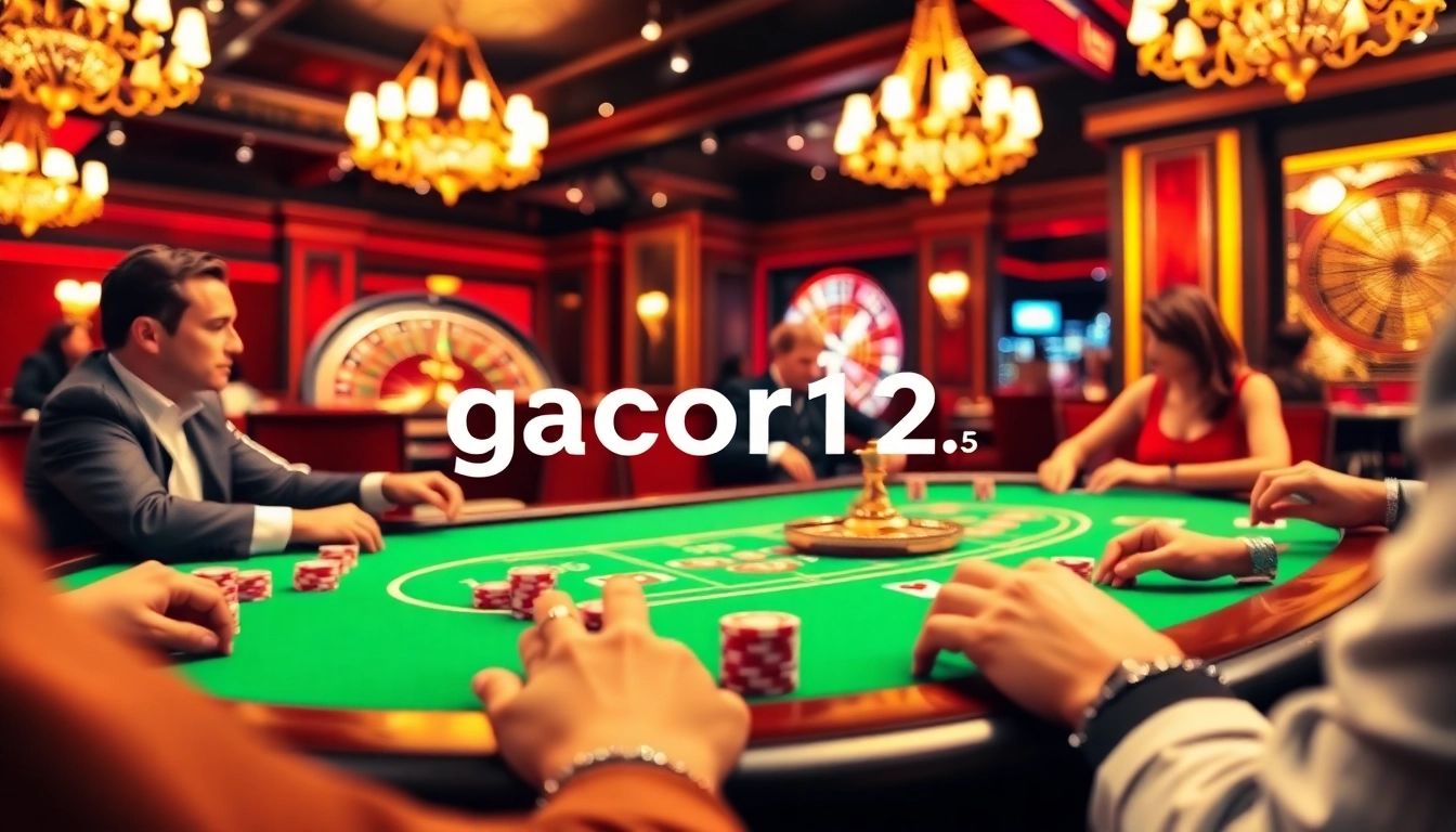 Exciting scene of players at gacor123 poker table in a luxurious casino.